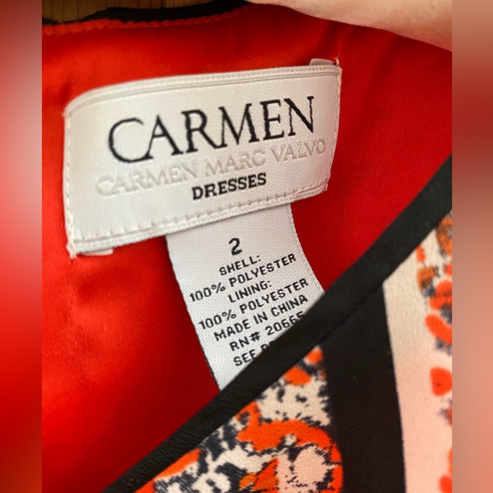 Carmen Marc Valvo shift dress - orange-red, black and cream pattern - size 2 - Picture 3 of 5